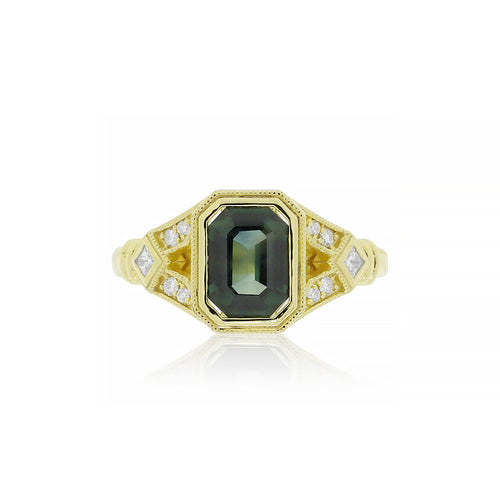 18ct Yellow Gold Solane Teal Sapphire Diamond Ring