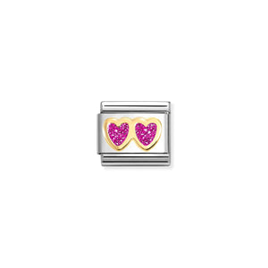 COMPOSABLE CLASSIC LINK 030220/13  GLITTER DBL FUCHSIA HEART S/S & 18CT GOLD