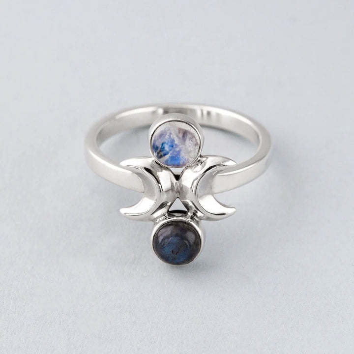 Nick Von K Sterling Silver with Labradorite and Rainbow Moonstone Moon Phase Rin