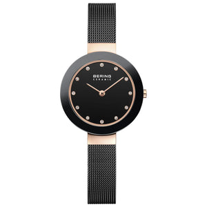 Bering Ceramic Polished Rose Gold Black Mesh Watch