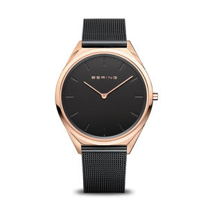 Bering Ultra Slim Polished Rose Gold Black Mesh Watch