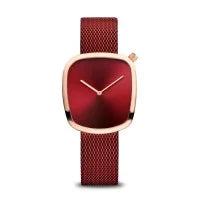 Bering Ladies Pebble 34mm Red Milanese Strap Watch