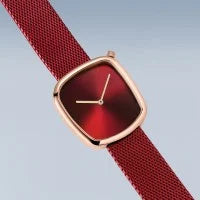 Bering Ladies Pebble 34mm Red Milanese Strap Watch