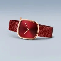 Bering Ladies Pebble 34mm Red Milanese Strap Watch