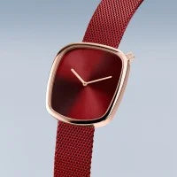 Bering Ladies Pebble 34mm Red Milanese Strap Watch