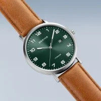 Bering Titanium 40mm Green Tan Leather Strap Watch