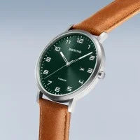 Bering Titanium 40mm Green Tan Leather Strap Watch