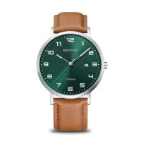 Bering Titanium 40mm Green Tan Leather Strap Watch