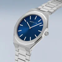 Bering Classic Polished Brushed Silver Blue Dial Watch