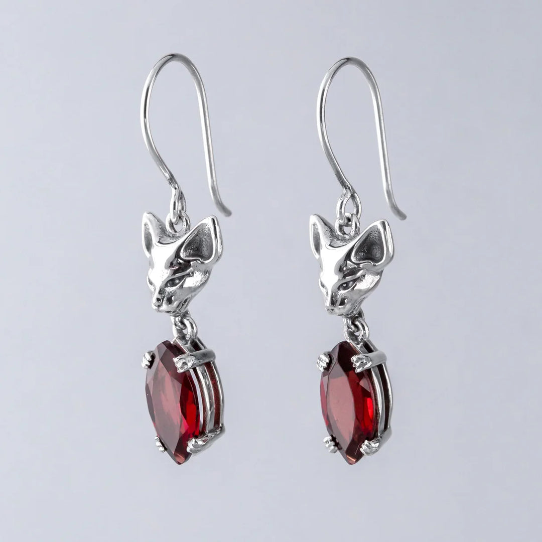 Nick Von K Sterling Silver with Garnet Salem Cat Drop Earrings