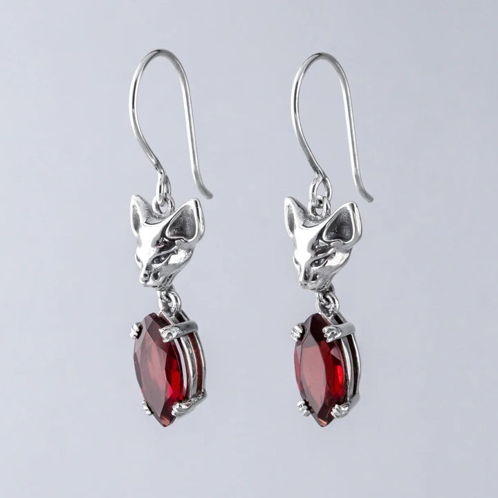 Nick Von K Sterling Silver with Garnet Salem Cat Drop Earrings