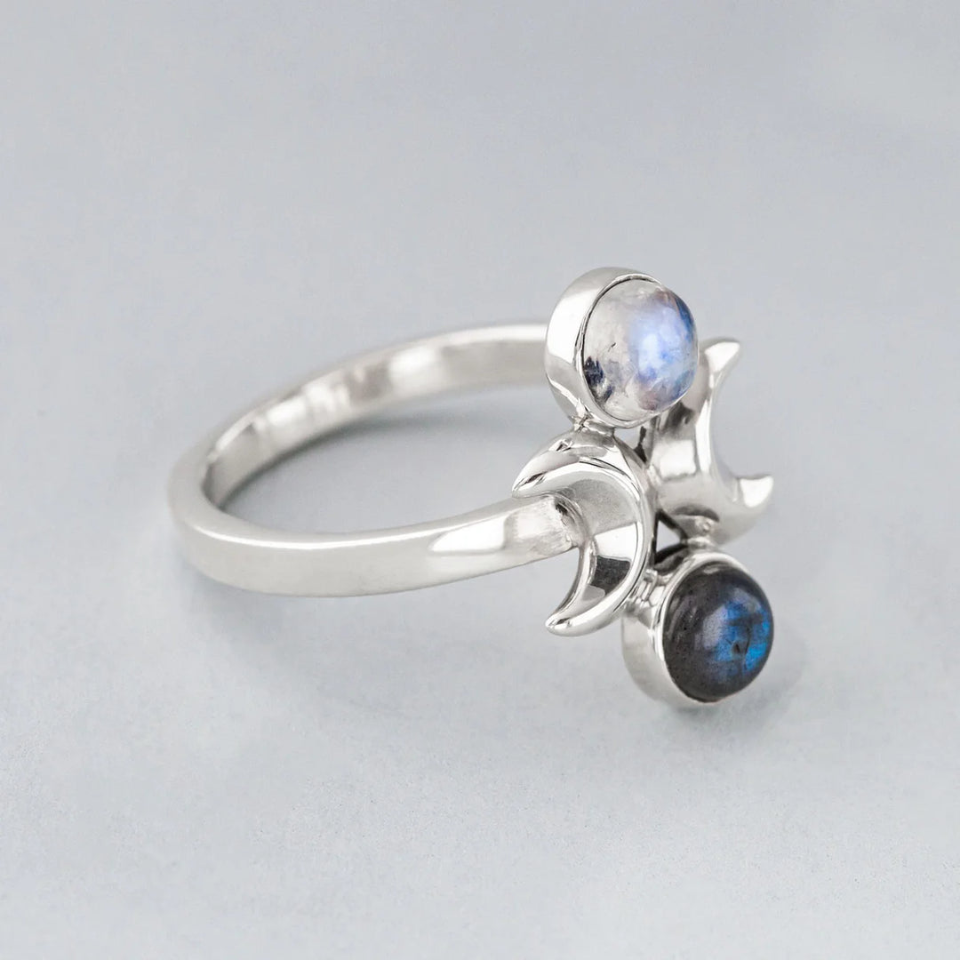 Nick Von K Sterling Silver with Labradorite and Rainbow Moonstone Moon Phase Rin