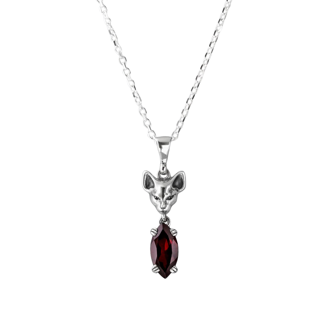 Nick Von K Sterling Silver with Garnet Salem Cat Drop Necklace