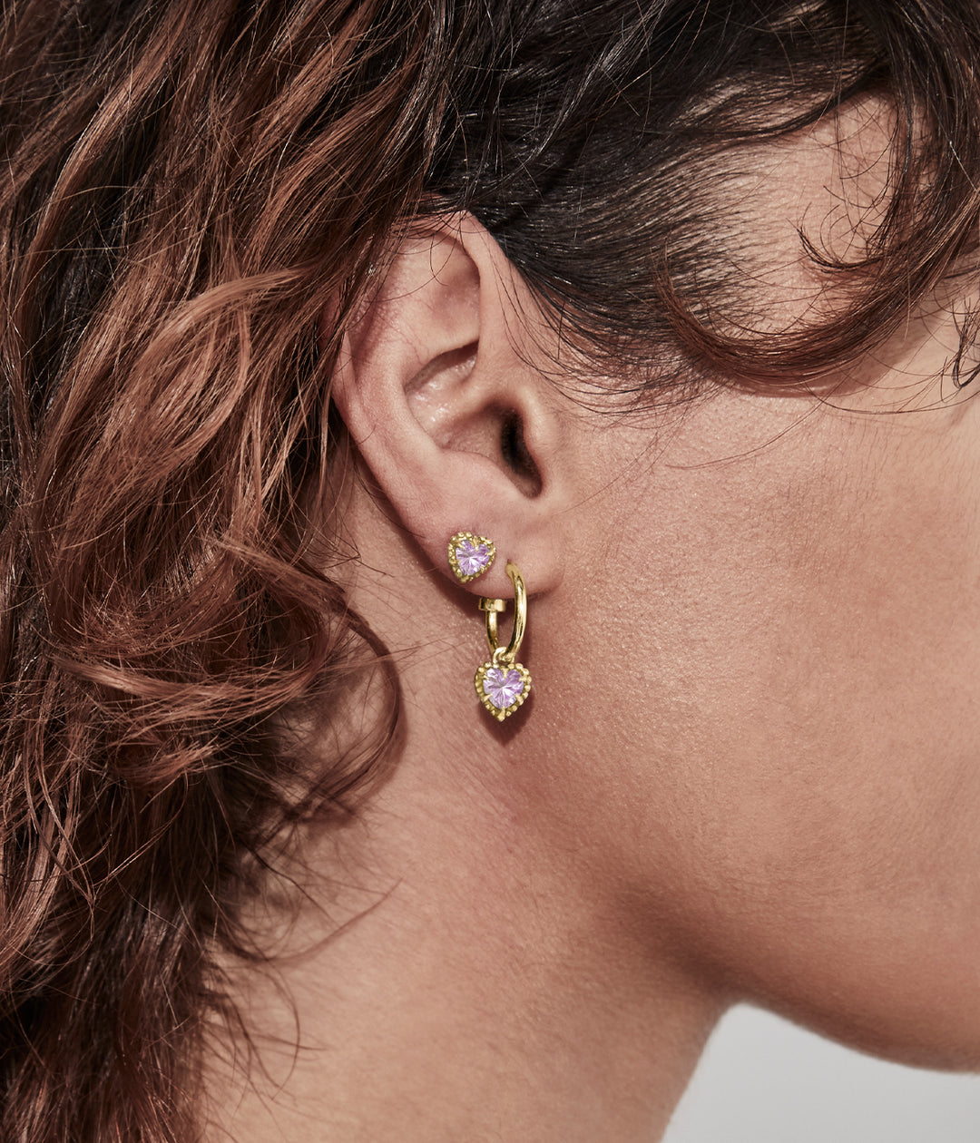 Stolen Gold Plated Dahlias Heart Earrings with Pink Amethyst