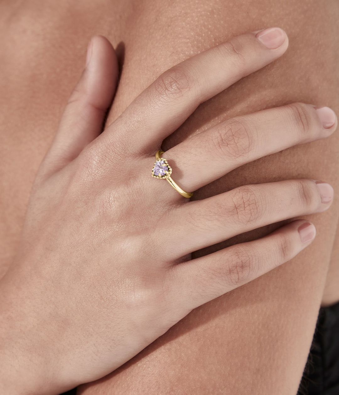 Stolen Gold Plated Dahlias Heart Ring with Pink Amethyst