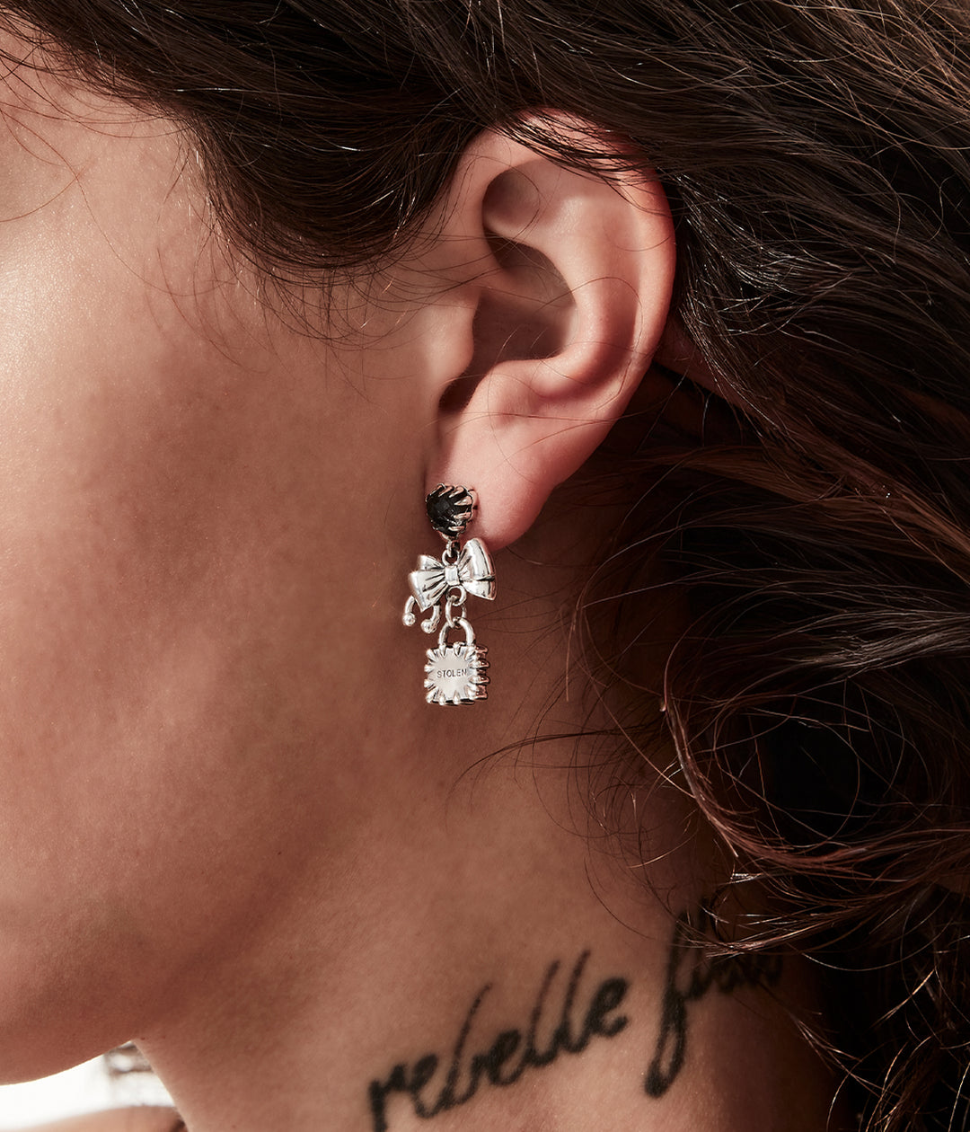 Stolen Silver Love Locked Bow Earrings