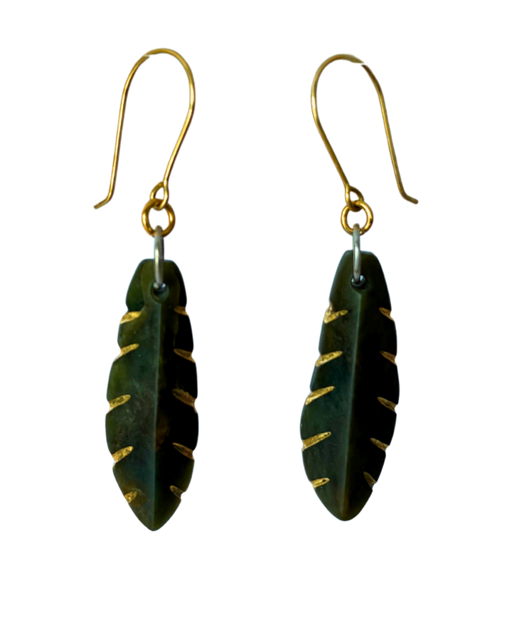 New Zealand Greenstone Gold Parataniwha Leaf Earrings