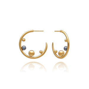 Gold Plated Statement Stellar Black Pearl Hoop Earrings