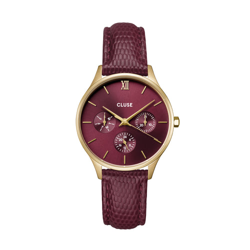 Cluse Minuit Multifunction Leather Dark Cherry Lizard & Gold Colour