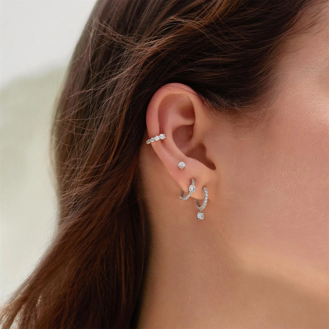 Ania Haie Pave Row and Bezel-Set Silver Huggie Hoop Earrings