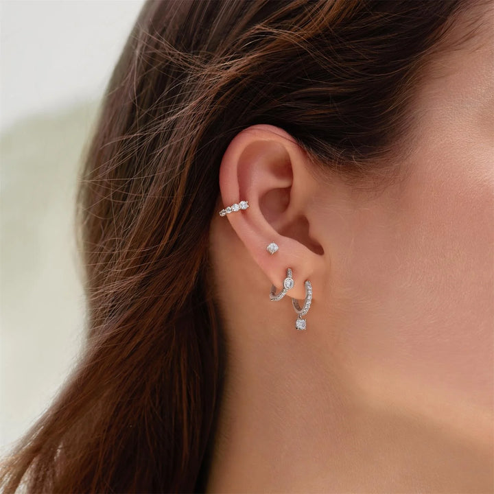 Ania Haie Pave Row and Bezel-Set Silver Huggie Hoop Earrings