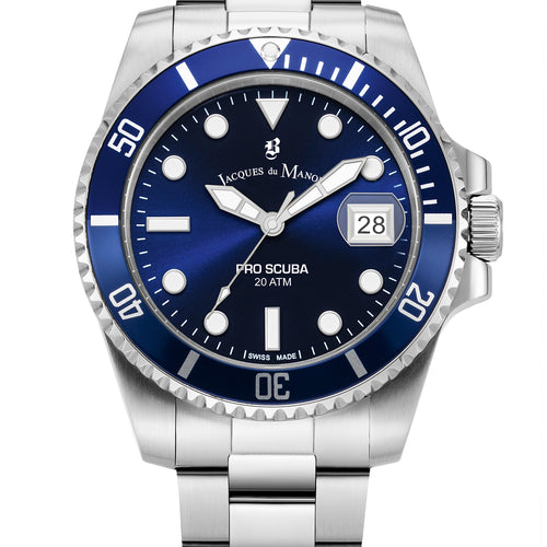 Jacques Du Manoir Swiss-Made Pro Scuba 43 Stainless Steel and Blue Watch