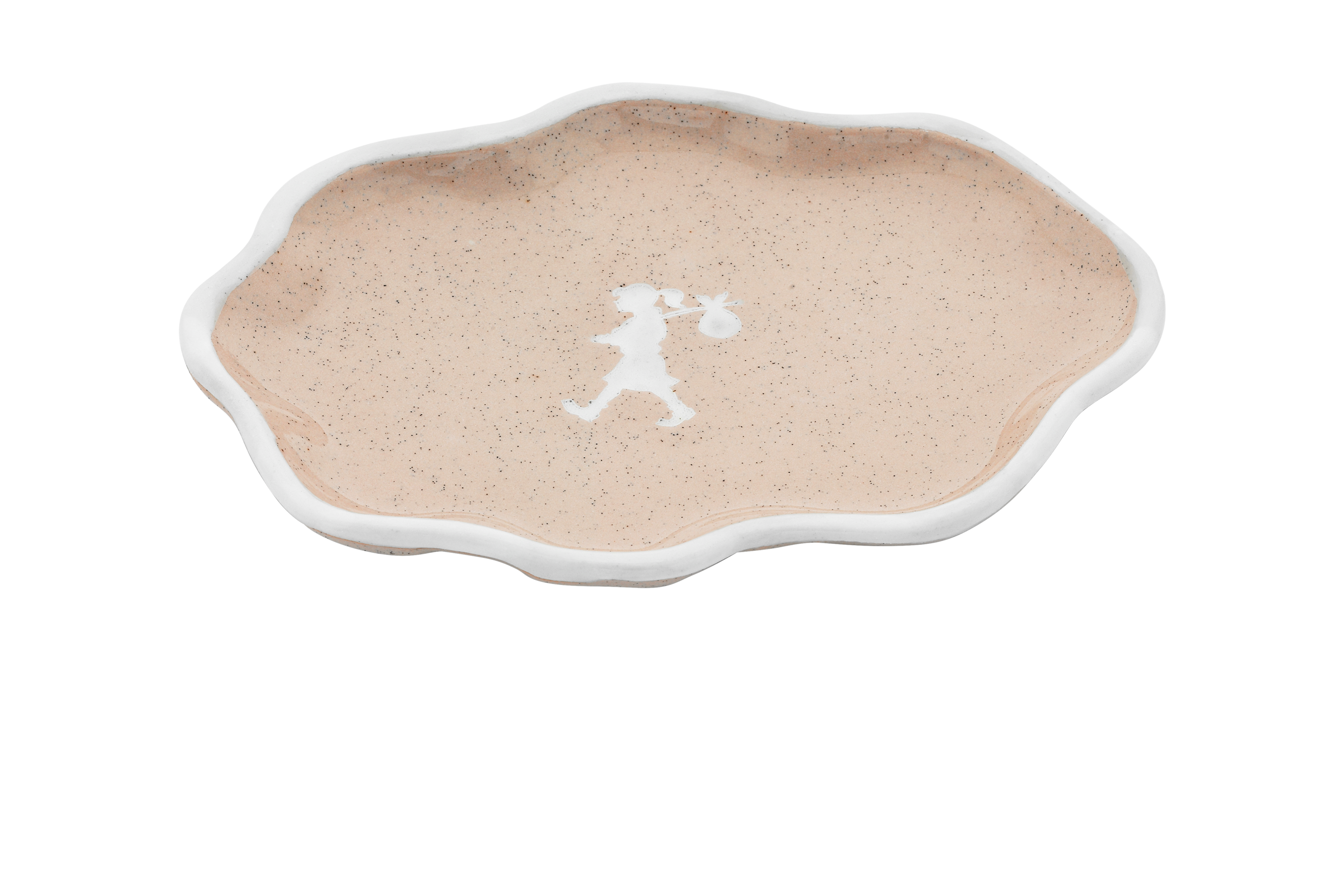 Decorative plate with a white silhouette design on a beige background