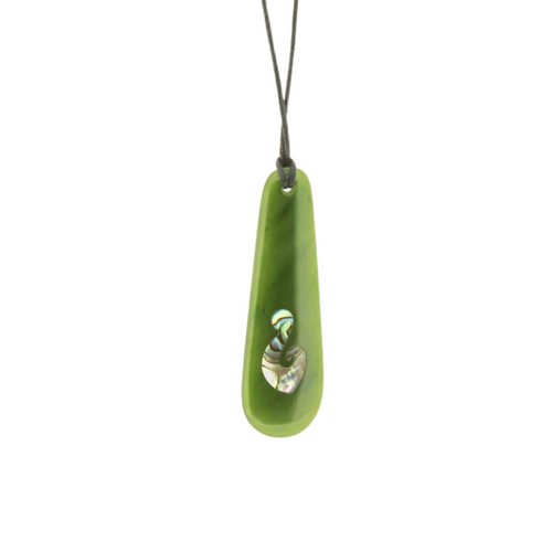 Imported Greenstone  Pendant- Drop & Hook + Paua 65mm