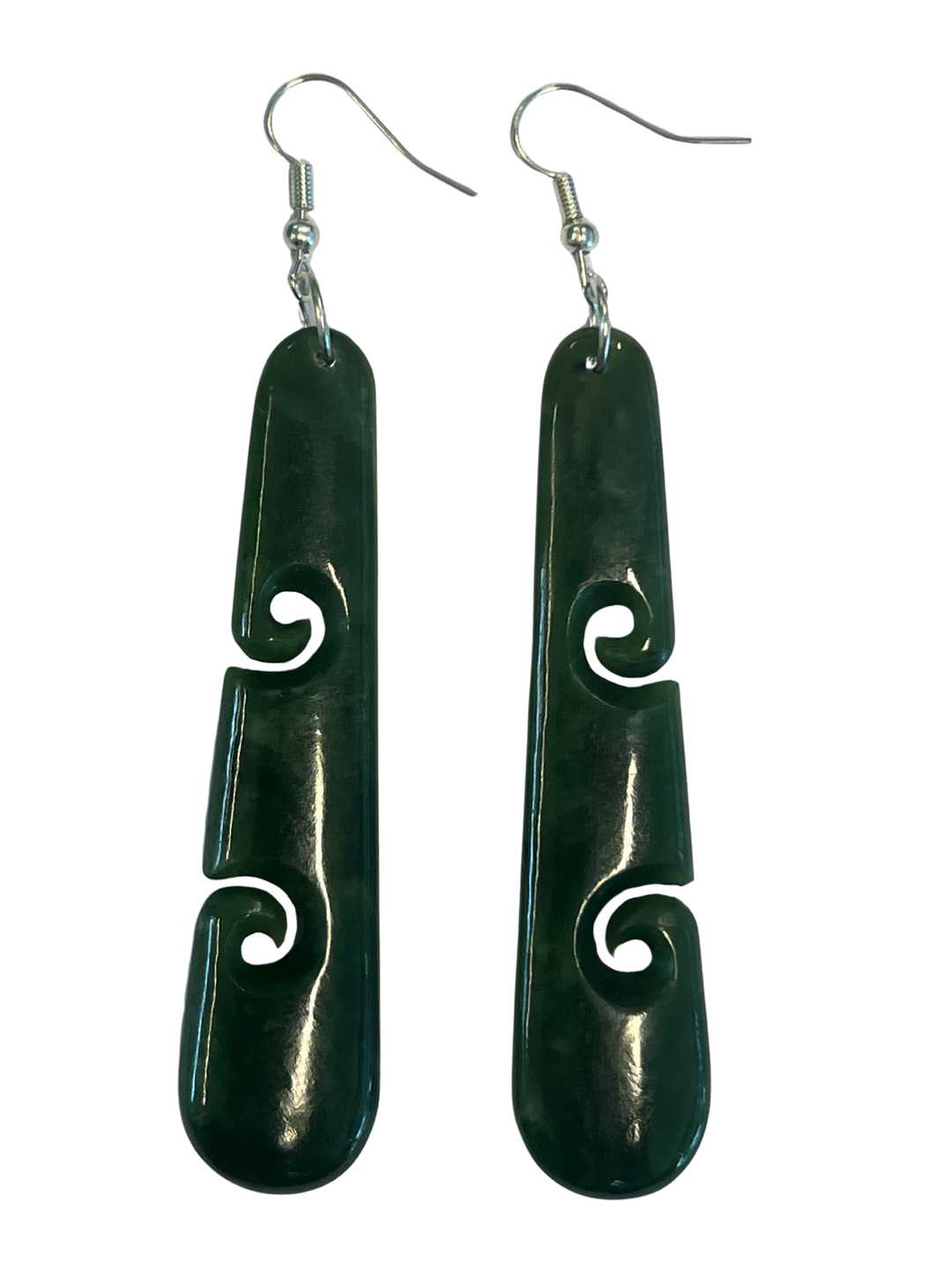 NZ Greenstone Roimata and Koru Earrings 90mm
