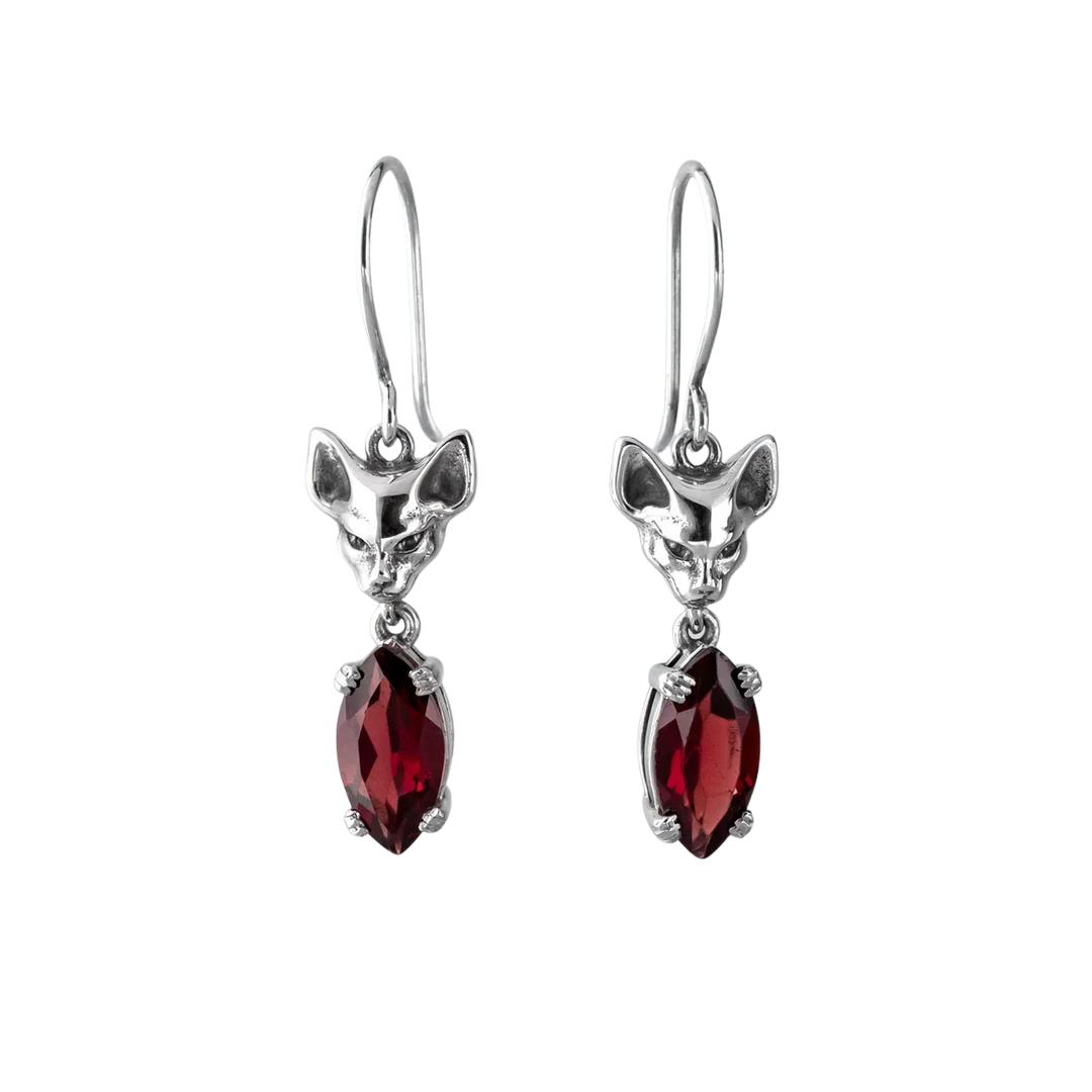 Nick Von K Sterling Silver with Garnet Salem Cat Drop Earrings