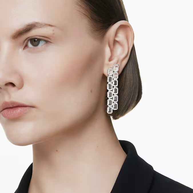 Millenia Clip Earrings Octagon Cut Long White Rhodium Plated