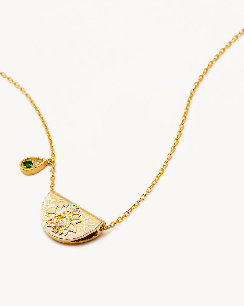 By Charlotte 18k Gold Vermeil Lotus May Birthstone Necklace - Emerald