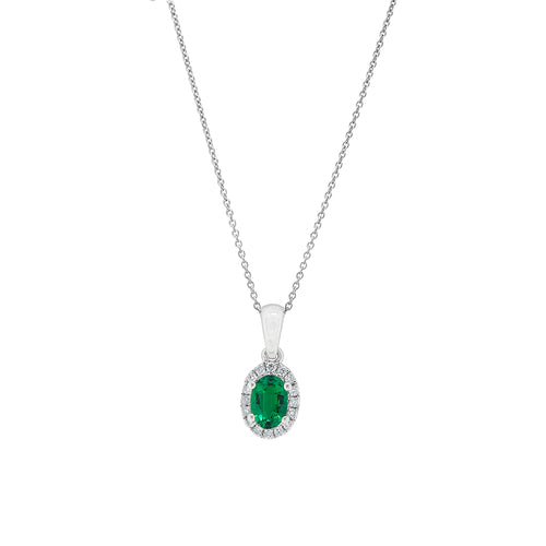 18ct White Gold Emerald & Diamond Petite Halo Pendant