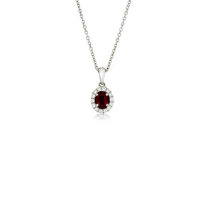18ct White Gold Ruby Diamond Petite Halo Oval Necklace