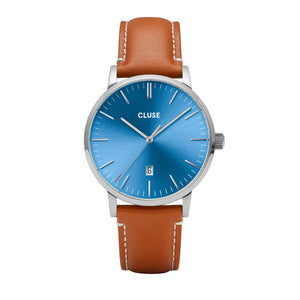 Aravis Silver Blue Light Brown Leather Watch