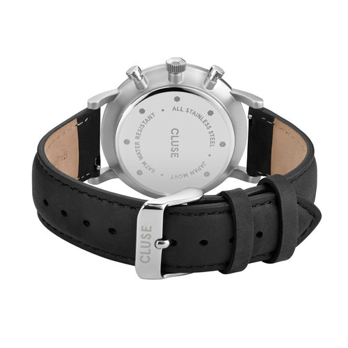 Aravis Chrono Silver Black Leather Watch