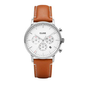 Aravis Chrono Silver White Light Brown Leather Watch
