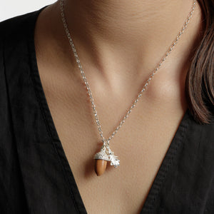 Silver Wood Acorn & Leaf Necklace