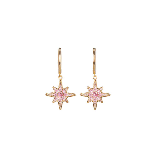 Gold Plated Starburst Huggie Earrings - Pink CZ