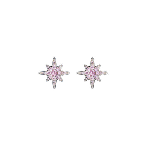 Silver Starburst Stud Earrings - Pink CZ