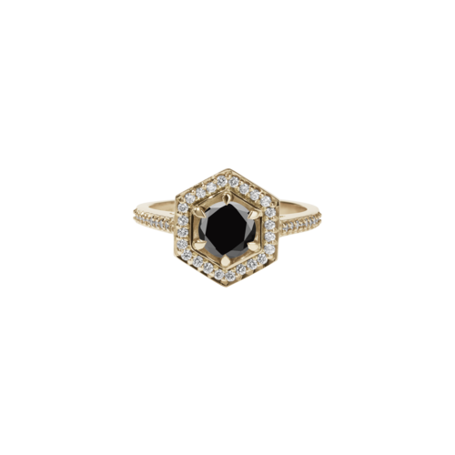 9ct Yellow Gold Black Diamond & White Diamond Hex Ring