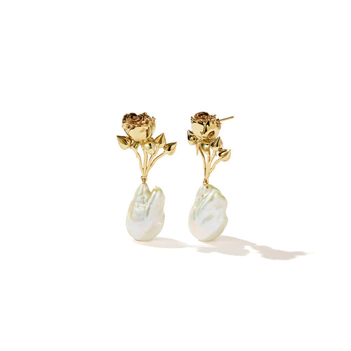 Gold Plated Rose Pearl Drop Earrings