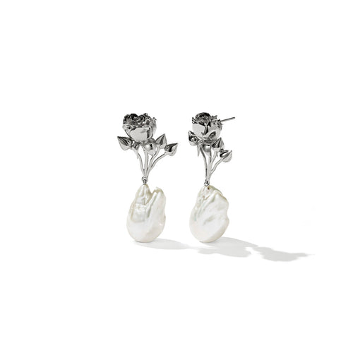 Silver Rose Pearl Drop Earrings